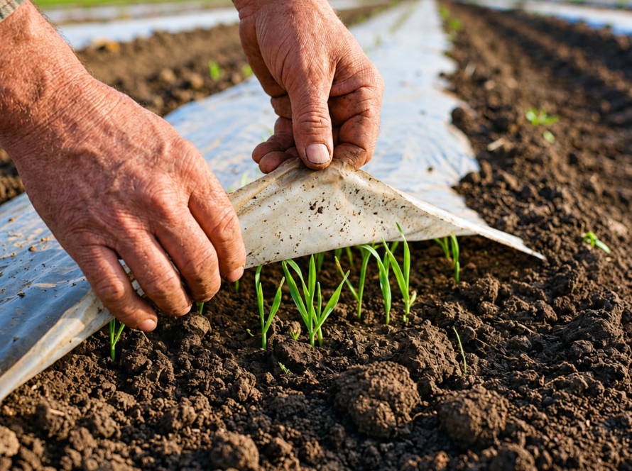 A close-up photograph of a farmer's hands lifting a thin, biodegradable mulch film off dark, rich soil, revealing vibrant green crop sprouts growing underneath in a field.