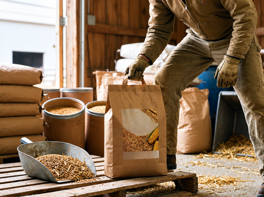 Eco-friendly sustainable livestock feed packaging made from bio-based kraft paper, being placed on a wooden pallet in a farm environment.