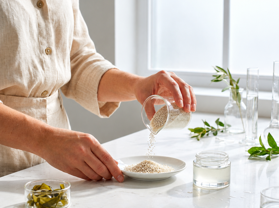 A person wearing a beige linen outfit pours small, white biodegradable biopolymer beads from a glass beaker onto a white ceramic dish on a bright lab counter next to open cosmetic jars and green plant sprigs.