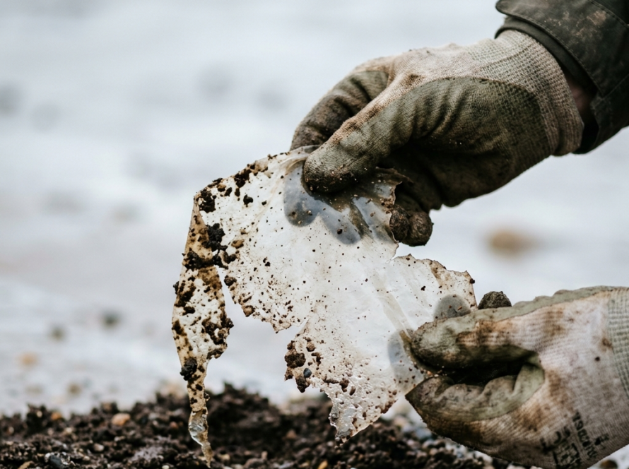 Hands wearing soil-stained work gloves holding up a piece of translucent biopolymer film as it naturally degrades into damp coastal soil.