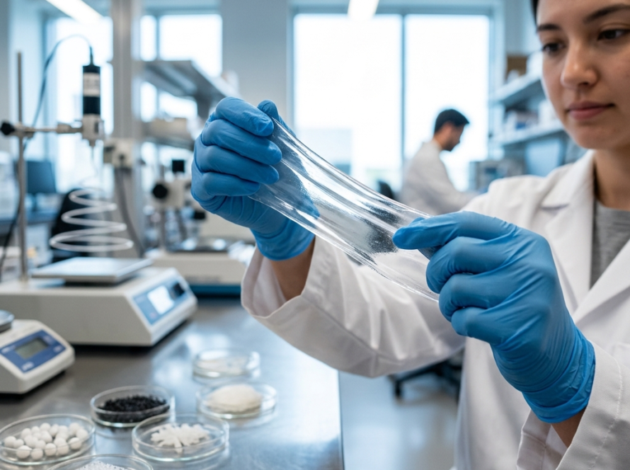 A researcher in a white lab coat and blue nitrile gloves carefully holds and stretches a flexible, transparent biodegradable polymer sheet in a modern biomedical laboratory. In the foreground on a stainless steel bench, petri dishes hold various medical-grade polymer samples, including white pellets, microspheres, and a porous scaffold structure.