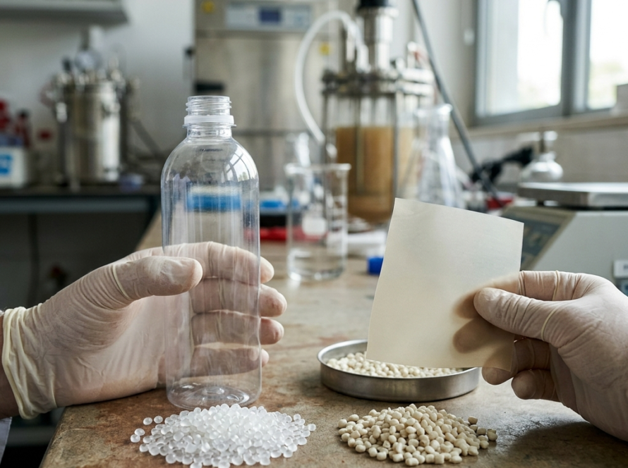 A side-by-side comparison of PLA and PHA bioplastic raw materials on a laboratory workbench. On the left, translucent PLA pellets rest near a clear plastic bottle; on the right, opaque cream-colored PHA granules are displayed alongside a flexible bioplastic film held by gloved hands.