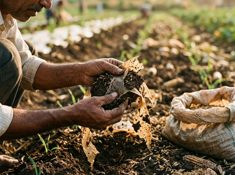 A farmer kneeling in a field, holding rich soil with naturally breaking down bioplastic packaging, surrounded by crop residue and warm afternoon sunlight.