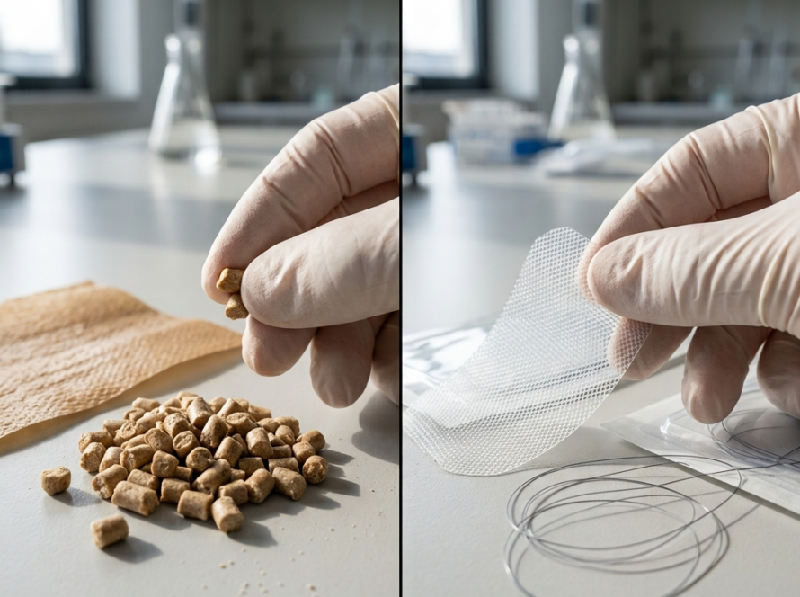 Side-by-side comparison of industrial-grade PHA polymer pellets and medical-grade PHA surgical mesh on a lab workbench.